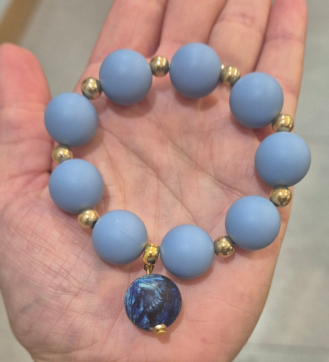 Denim Colour & Gold bead bracelet with monet style charm