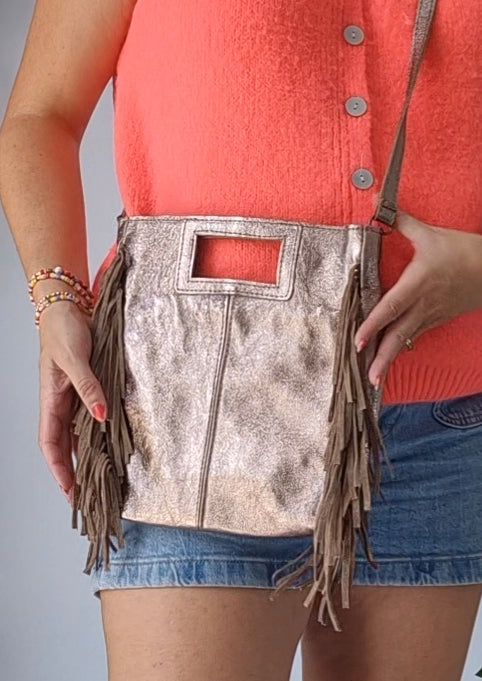Leather Bronze Fringe Bag